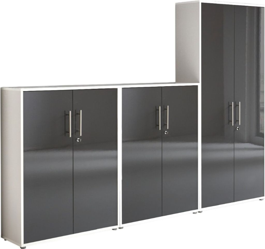 Aktenschrank TABOR 53 in weiß / anthrazit Hochglanz, Schrankwand, Büroschrank, abschließbar, Metallgriffe