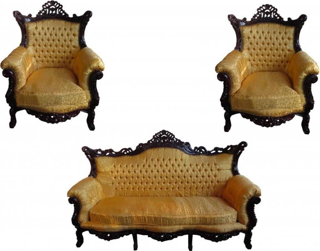 Casa Padrino Barock Wohnzimmer Set Master Gold Muster / Mahagoni Braun - 3er Sofa + 2 Sessel