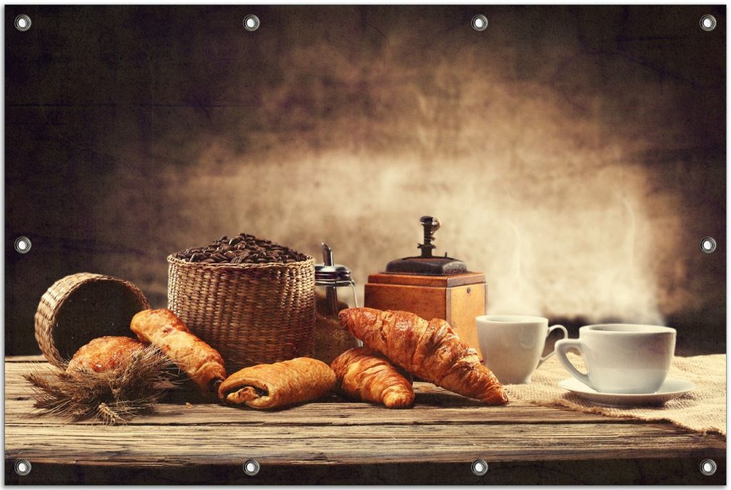 Wallario Outdoor-Poster für Garten oder Balkon, Motiv Französisches Frühstück mit Café und Croissants, in ca. 80 x 120 cm