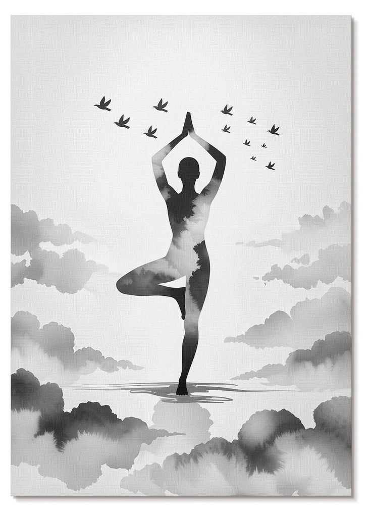 POSTER - 59x84 cm (A1) - Baobab - Schwarz-weiße Silhouette in den Wolken mit Vögeln - Wandbild für Wohnzimmer Schlafzimmer & Flur, Modernes Post...