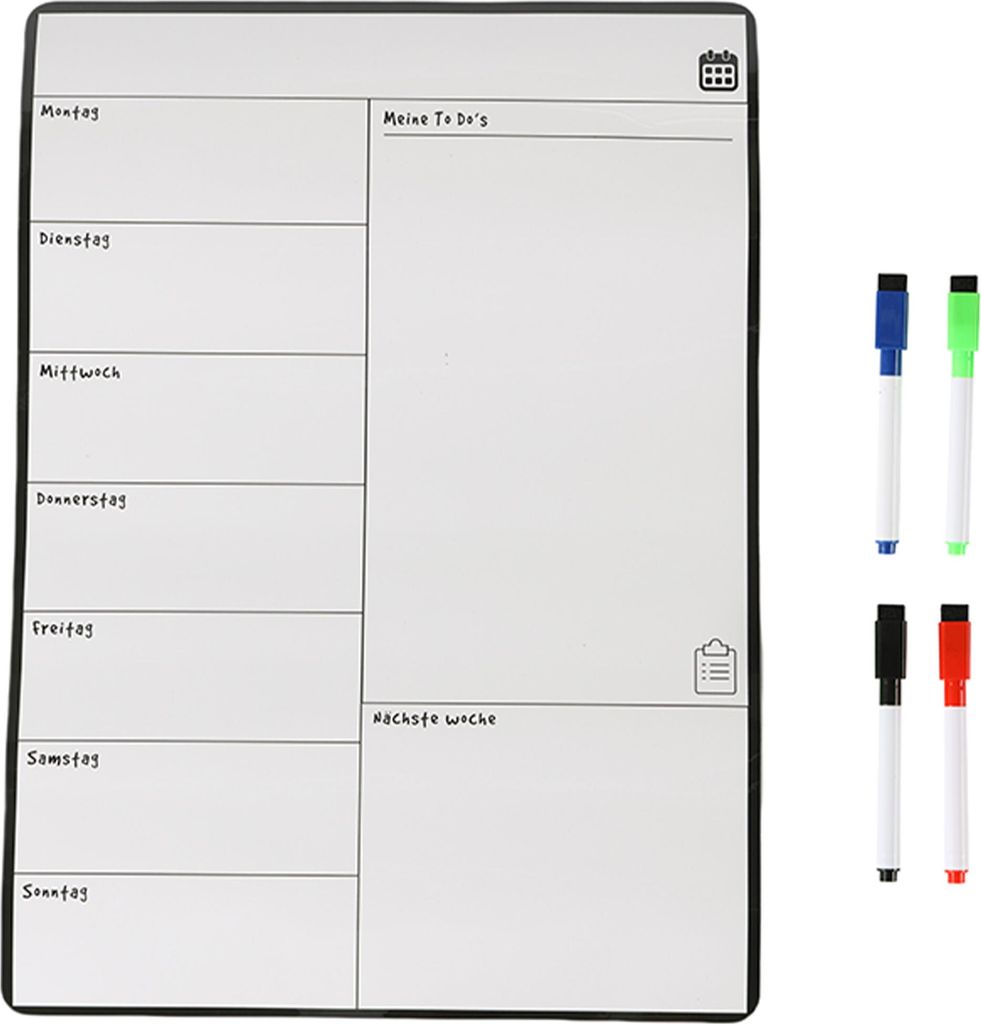 Relaxdays Speiseplan Wochenplaner, HxB: 42 x 30 cm, magnetisch, abwischbar, 4 Marker, Whiteboard für Kühlschrank, weiß