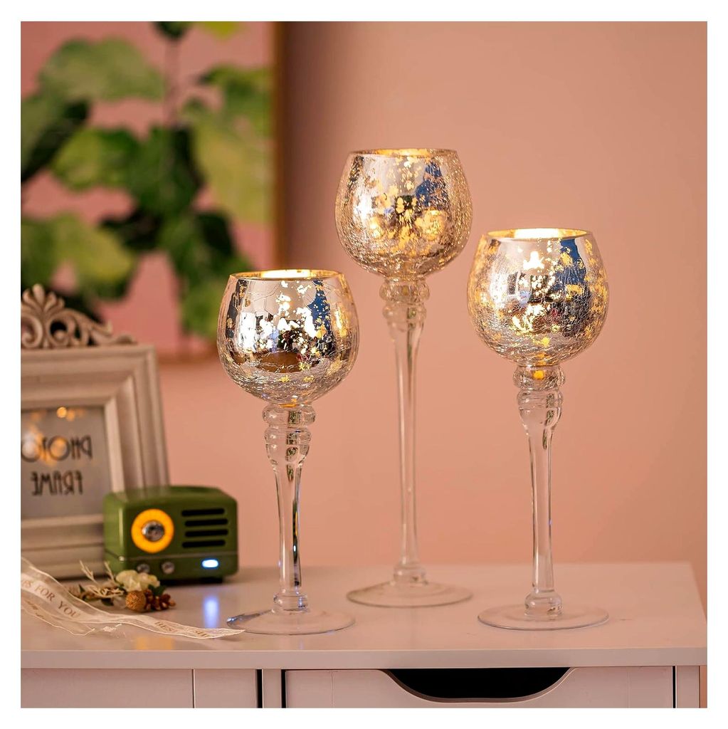 Teelichthalter Kerzenständer aus Glas in Silber - Windlicht Kerzenhalter Deko 3er-Set 23,5/25,5/31,5 cm für Teelichter und Votivkerzen
