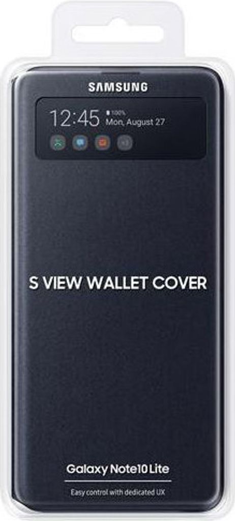A Samsung S View Wallet Cover for the Galaxy Note 10 Lite is shown in its retail packaging.