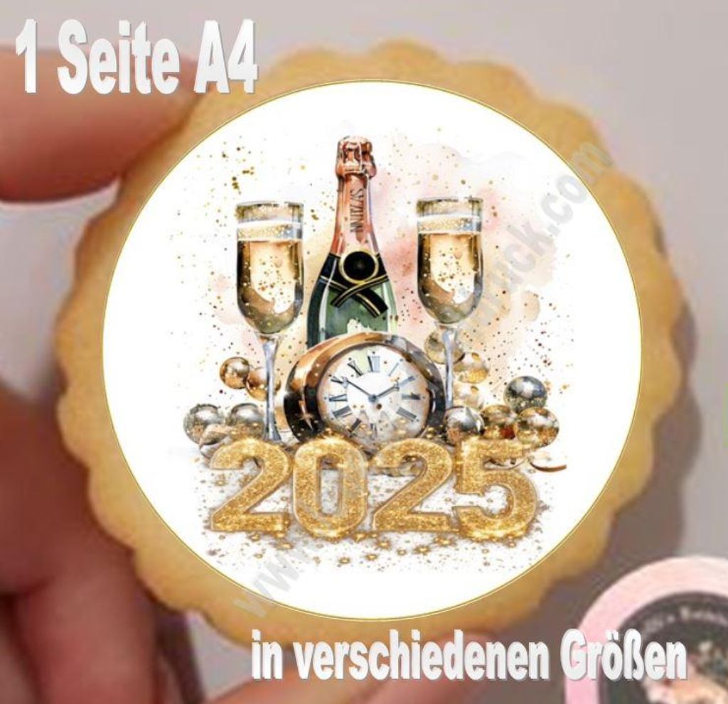 Silvester Neujahr Prosit mit Uhr Aufleger klein 1 Seite A4 für Lebkuchen, Cupcakes, Kekse, Kuchen in gewünschtem Durchmessern Fondantpapier Prem...