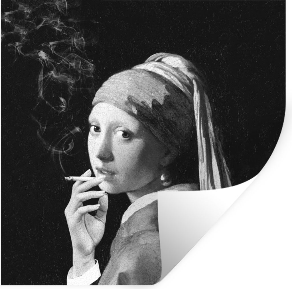 MuchoWow Wandtattoo Wandsticker Wandaufkleber Das Mädchen mit dem Perlenohrring - Johannes Vermeer - Schwarz und weiß 30x30 cm Selbstklebend un...