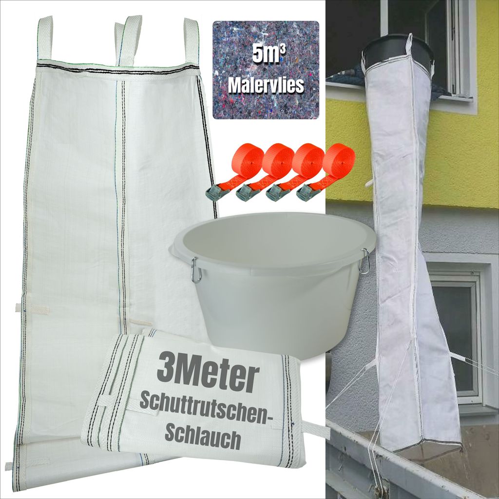 Schuttrutsche 3m | Flexible 3 Meter Schlauch, einfache Installation | Bauschuttrutsche inkl. Einfülltrichter, 4X Spanngurt und 5m³ Malervlies
