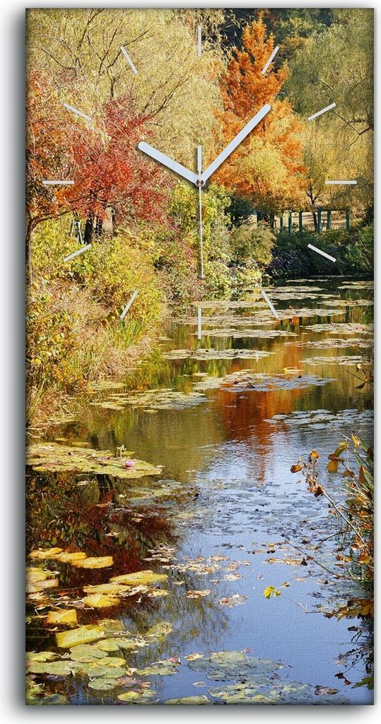 Wanduhr Uhr Wandbild Leinwand Quarz 30x60 Landschaft Fluss Herbst November Acer - weiße Hände