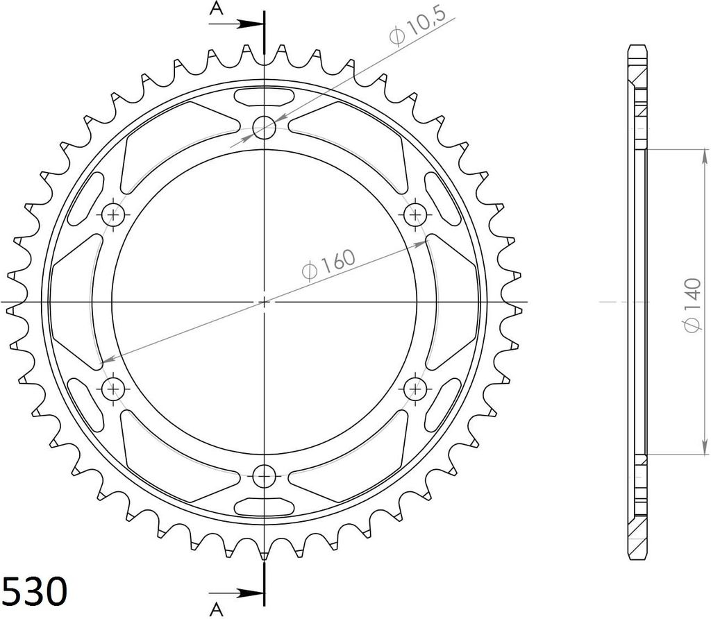 Stahl-Kettenrad Supersprox 530 - 45Z (schwarz) RFE-502:45-BLK|ID 140,0 LK 160,0 6-Loch
