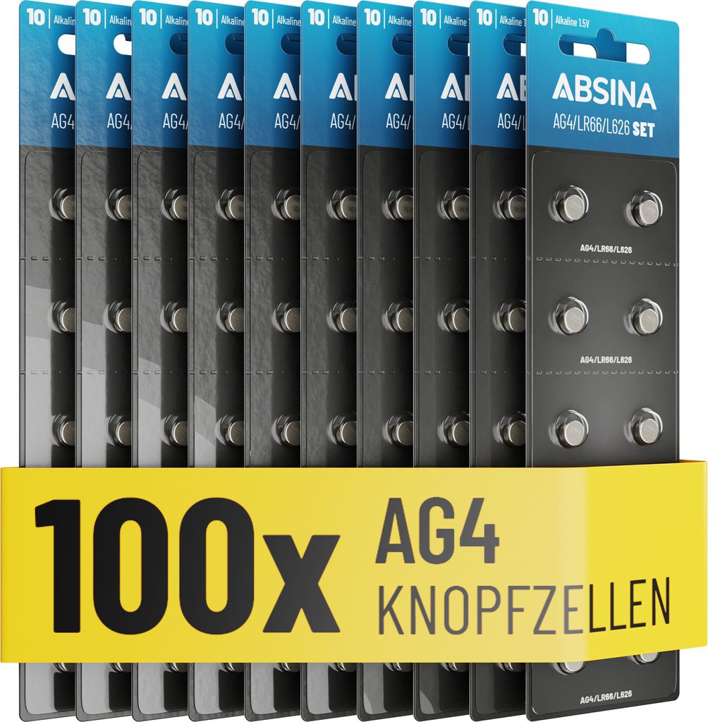 ABSINA AG4 LR66 Knopfzelle 100er Pack - 1,5V Alkaline Knopfzellen SG4 / V4GA / G4A / 4GA / L626 / LR626