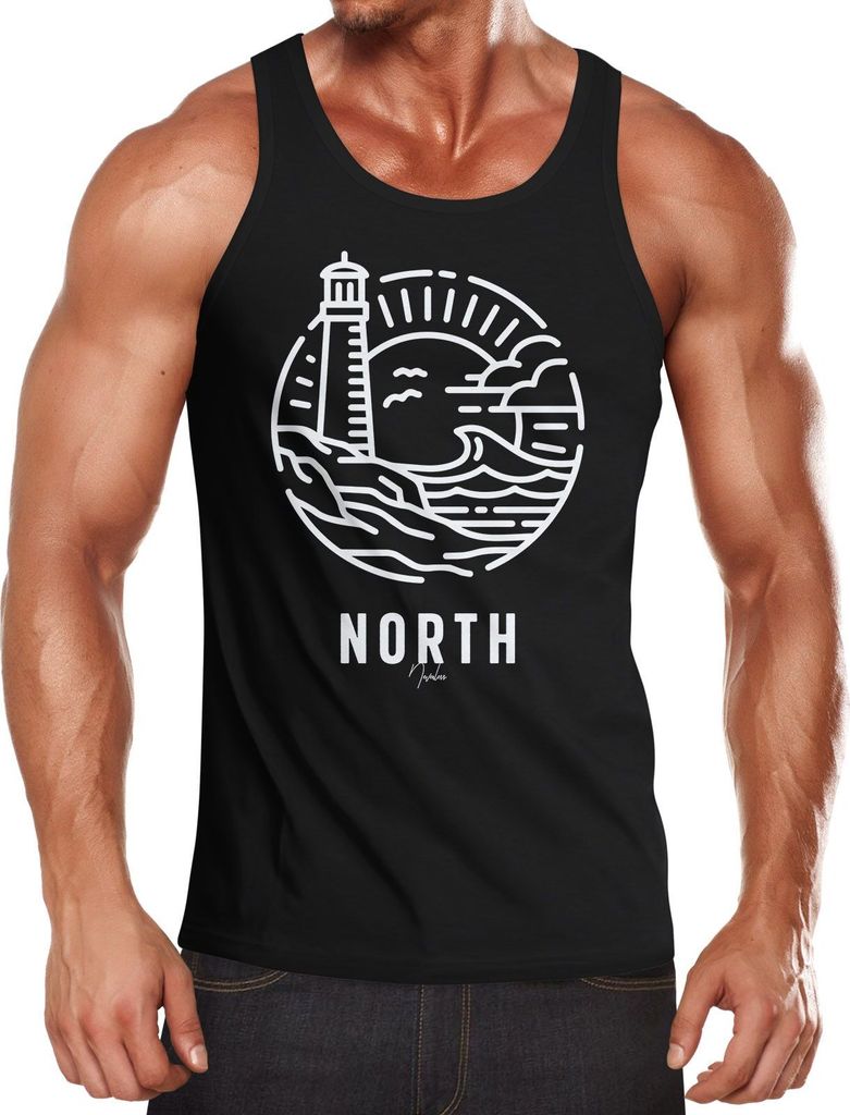 Herren Tank-Top Logo Outline Art maritim Leuchtturm Welle Aufdruck North Muskelshirt Muscle Shirt Neverless schwarz 3XL