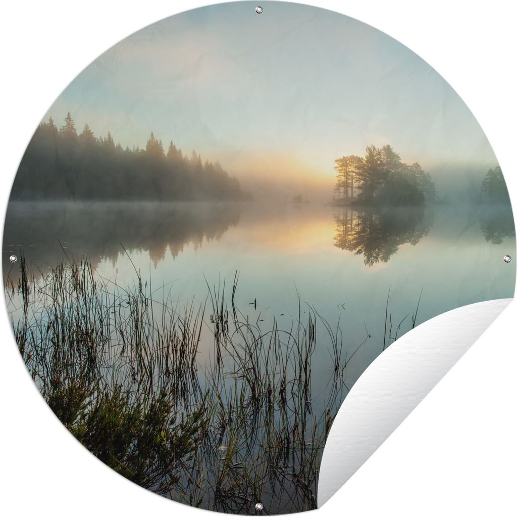 MuchoWow Gartenposter Outdoor-Poster Rund Ruhiger Morgen im Wald von Norwegen Ø 60 cm Gartendeko Rundes Poster draußen
