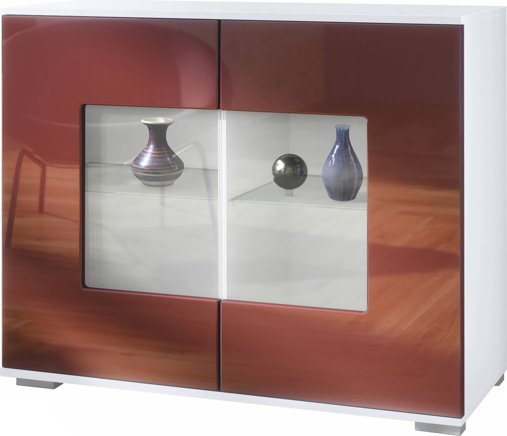 Vladon Kommode Grömitz V3, Moderner Küchenschrank mit 2 großen Glastüren inkl. RGB Beleuchtung Weiß matt / Bordeaux Hochglanz (92,5 x 75.5 x 35)