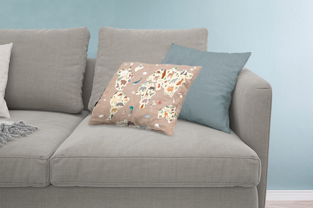 MuchoWow Zierkissen Sofakissen Wohnzimmer Dekokissen 60x40 cm Weltkarte Kinder - Tiere - Braun - Jungen - Mädchen - Kopfkissen - Polster mit Foto