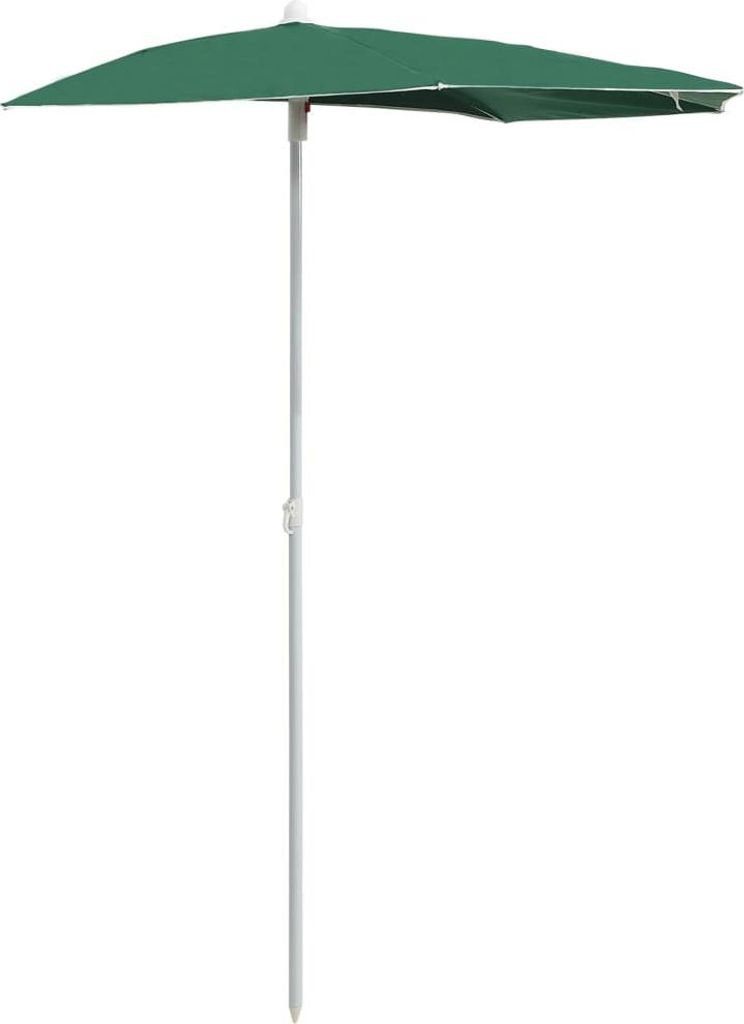 A green half-umbrella with a white pole against a white background.