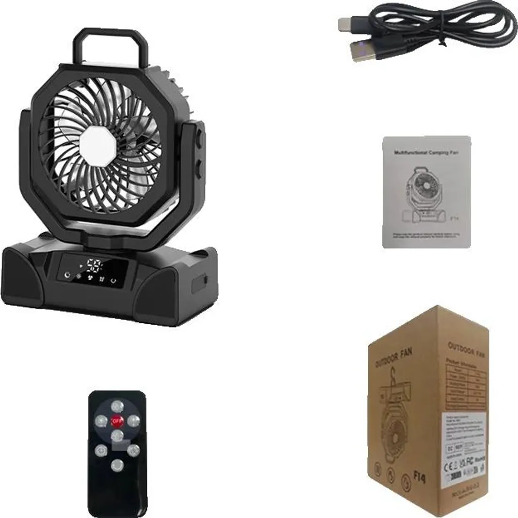 Ventilatore da campeggio portatile, batteria da 20000mAh, telecomando, stile nero