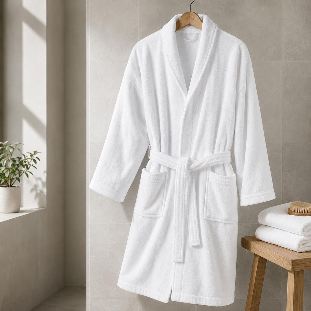Bademantel Hotel Terry weiss Uni Baumwolle Saunamantel Produktbild  KI-generiertes Bild