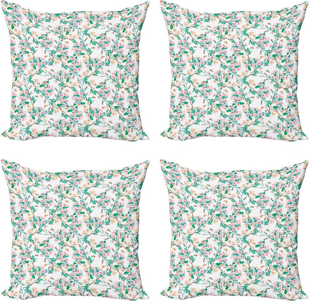 ABAKUHAUS Blume Kissenbezug Set (4 Stück), Japanische Frühlings-Blüten, Moderner Doppelseitiger Digitaldruck, 50 cm x 50 cm, rosa-Grün