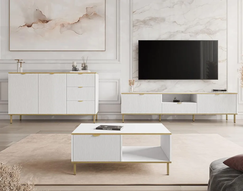 Table Basse pour Salon Moderne 100 cm Blanche et Dorée avec Rangement