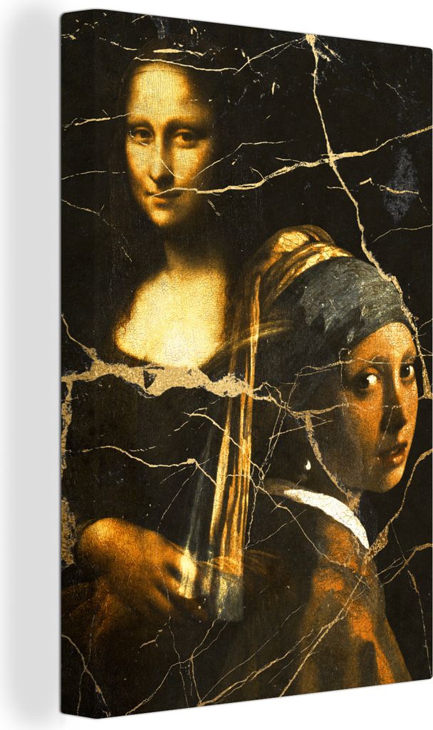OneMillionCanvasses - Leinwandbilder - 90x140 cm, Mädchen mit einem Perlenohrring - Mona Lisa - Gold, Wandbilder Kunstdruck Wanddekoration - Fot...