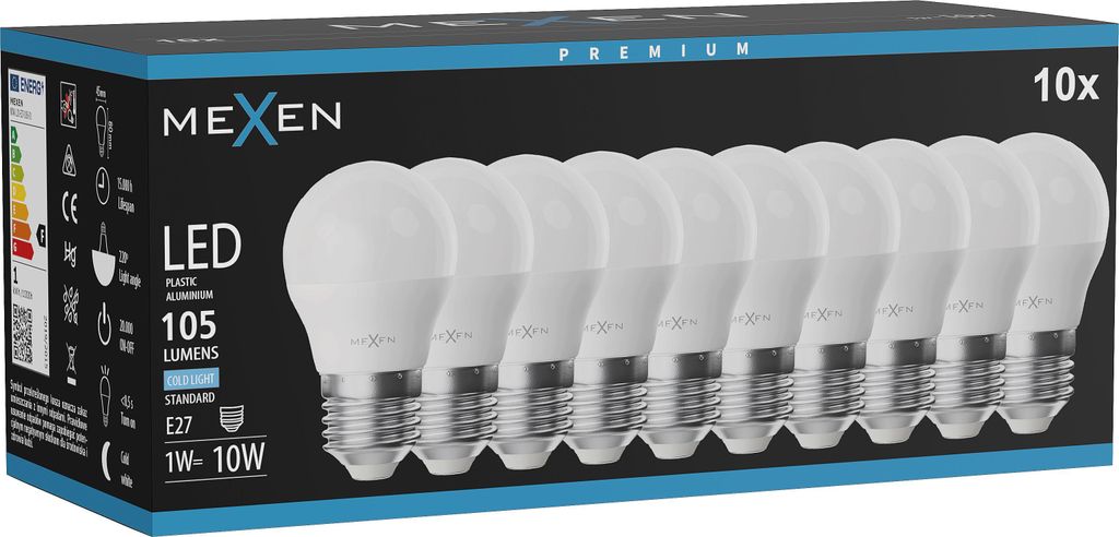 Mexen Nova 10x LED žárovka E27, G45, 1W, Studená - 6500K, Obrázek produktu 