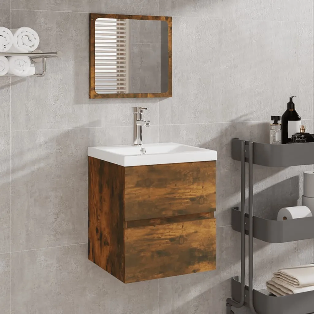 Meuble de rangement mural avec miroir pour salle de bain Chêne fumé Mat