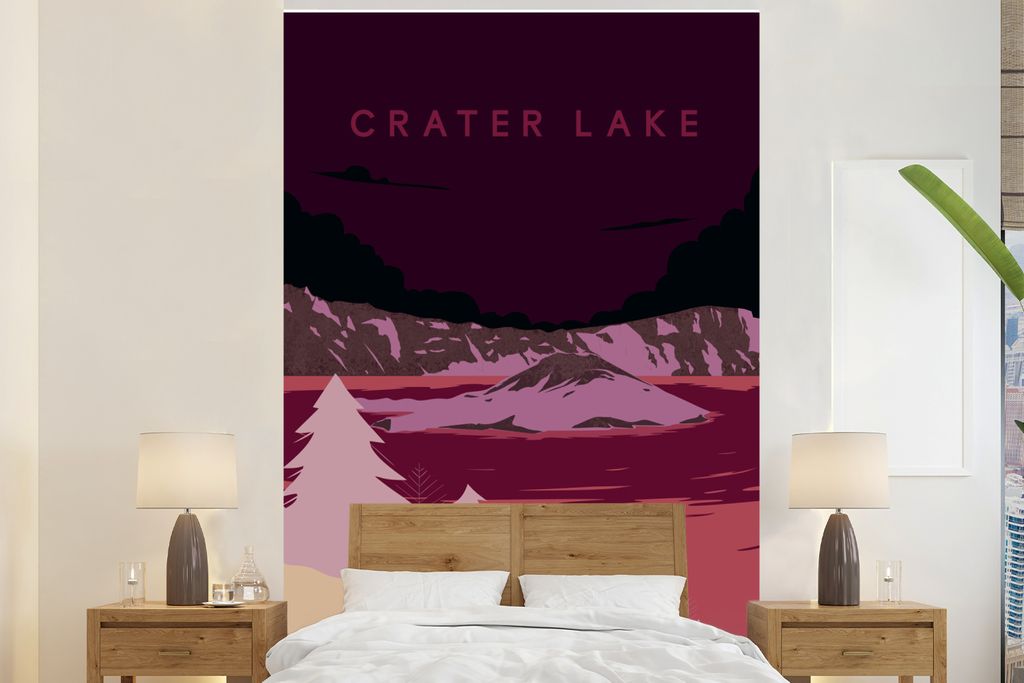 MuchoWow Fototapete für Wohnzimmer oder Schlafzimmer Wandtapete Vinyl Motivtapete Landschaft - Oregon - Amerika - Kratersee - USA - Illustration...