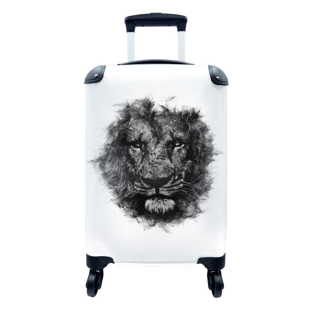 MuchoWow Koffer Handgepäck Trolley Rollkoffer Kleine Reisekoffer mit 4 Rollen - Löwe - Schwarz - Weiß - Cabin Size < 55x40x23 cm & 55x40x20 cm...
