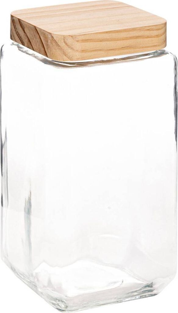 A clear glass jar with a wooden lid.