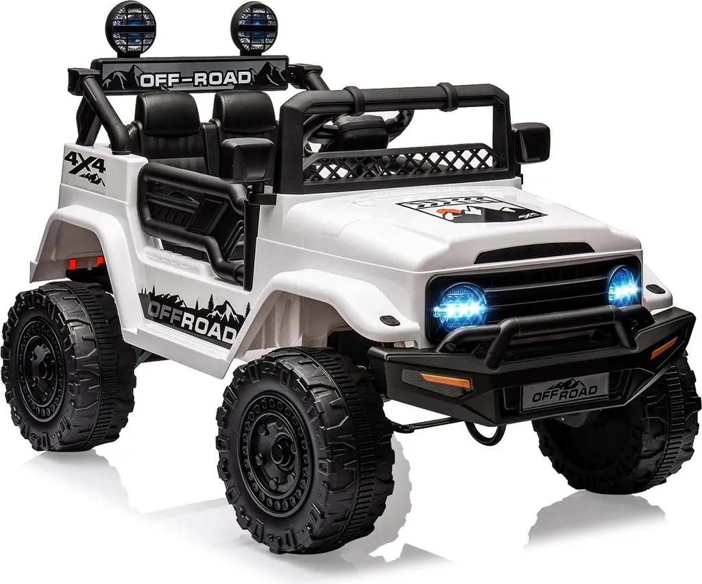 Véhicule électrique enfant 12V blanc avec phares LED et commande à distance