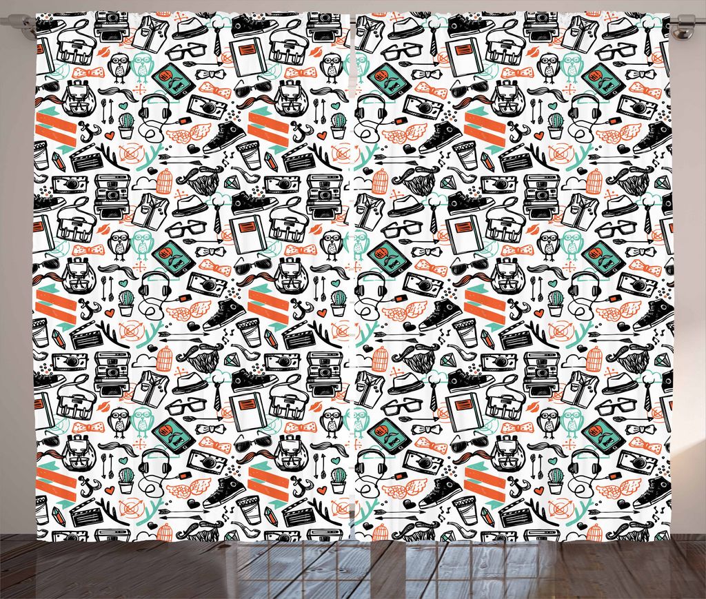 ABAKUHAUS Indie Rustikaler Gardine, Hipster Mode-Skizze, Schlafzimmer Kräuselband Vorhang mit Schlaufen und Haken, 280 x 175 cm, Seafoam Orange Sc...