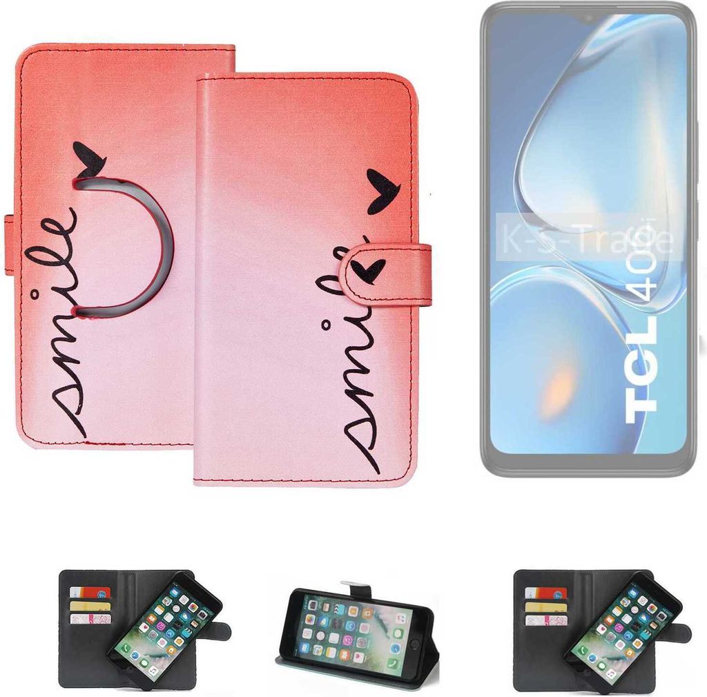 K-S-Trade Schutzhülle Handyhülle kompatibel mit TCL 406i Hülle cover bookstyle Etui ''smile'' rot Standfunktion Kameraschutz (1Stk)