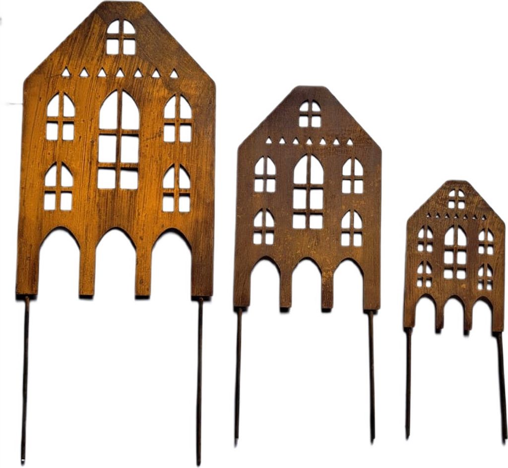 SET Rostige Gartenstecker Häuser - Metall-Deko für Außenbereich