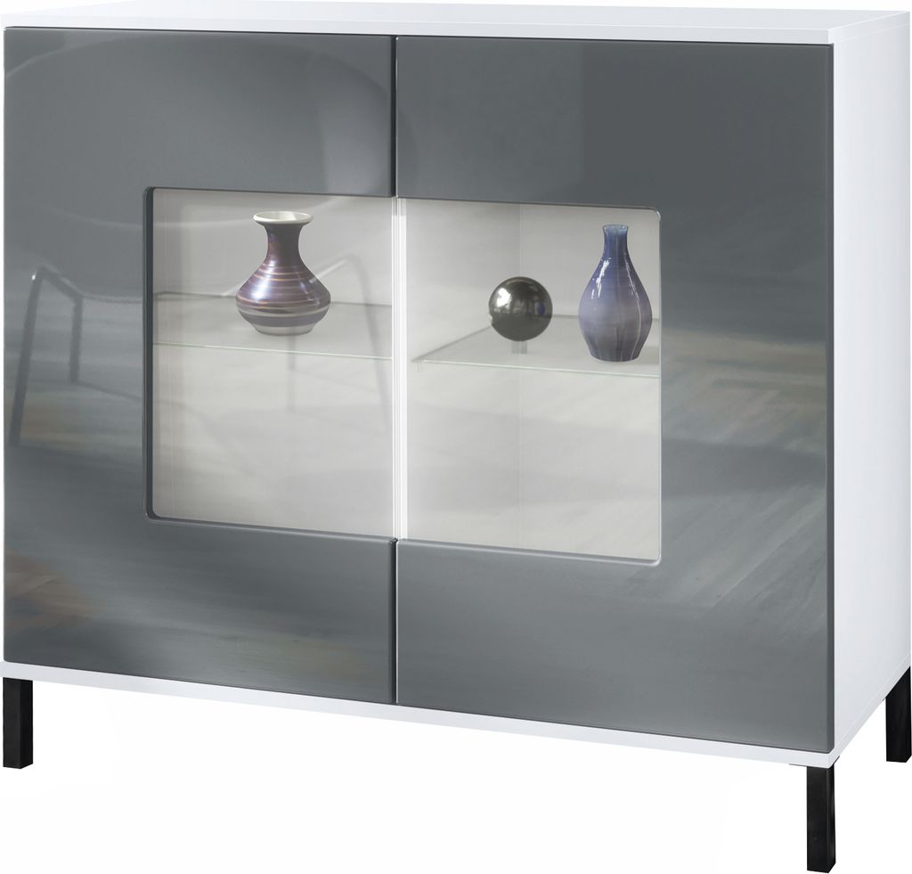 Vladon Kommode Grömitz V3, Moderner Küchenschrank mit 2 großen Glastüren inkl. RGB Beleuchtung Weiß matt / Grau Hochglanz (92,5 x 83.5 x 35)