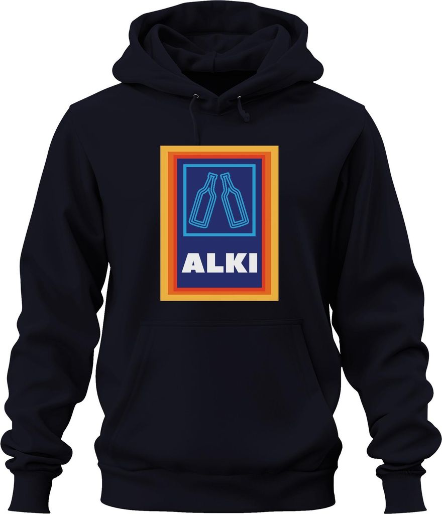 Alki Biertrinker Saufen Party Geschenkidee Lustig Mallorca Malle Uni Hoodie Kapuzenpullover, Navy, M