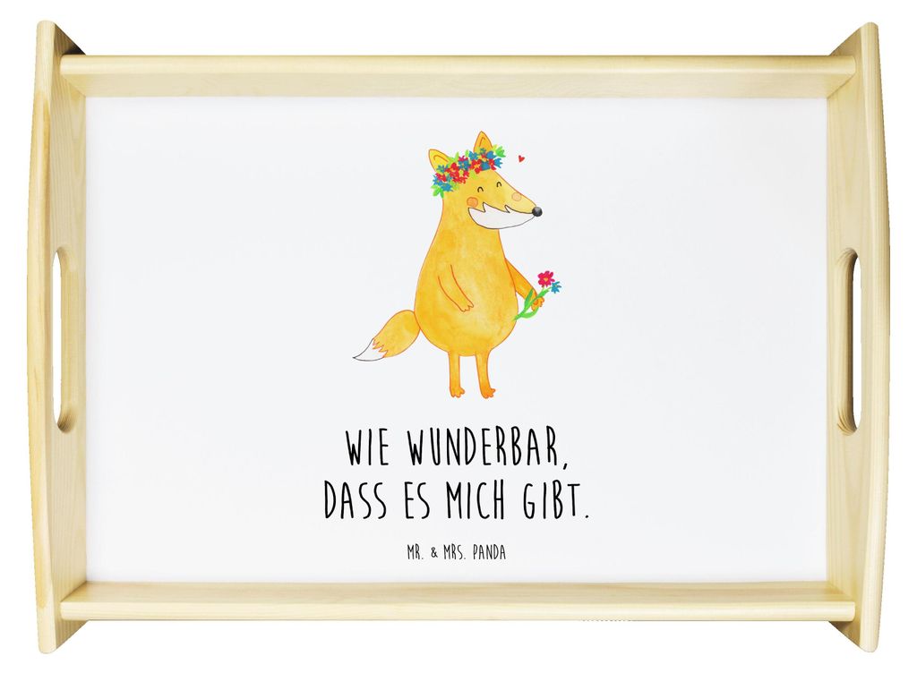 Mr. & Mrs. Panda Serviertablett Fuchs Blumen - Weiß - Geschenk, Selbstliebe, Servier Tablett, Küchentablett, Ich, Selbstbewusst, Boho, aus holz, ...