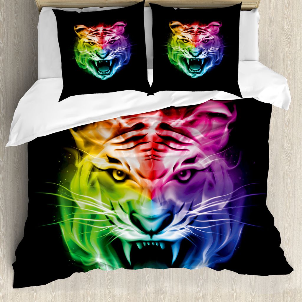 ABAKUHAUS Tiger Bettbezug, Abstrakt Feline Bunte, Milbensicher Allergiker geeignet mit Kissenbezügen, 155 cm x 220 cm - 80 x 80 cm, Mehrfarbig