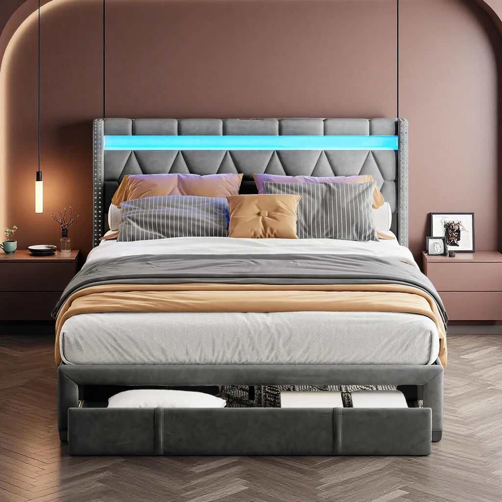 Lit 160x200 cm : Solution gain de place avec 4 tiroirs et LED intégrées - 2