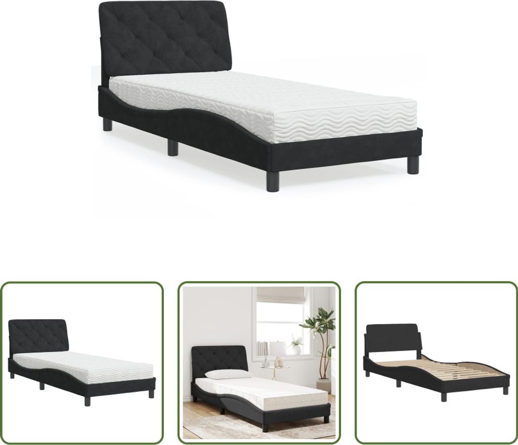 The Living Store Bett mit Matratze Schwarz 90x190 cm Samt