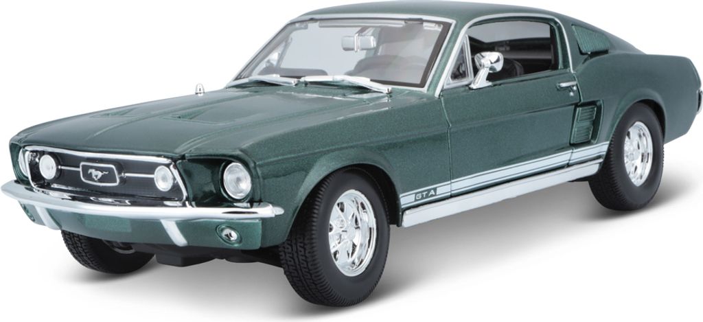A dark green 1967 Ford Mustang Fastback model car is shown from a three-quarter front angle against a white background.