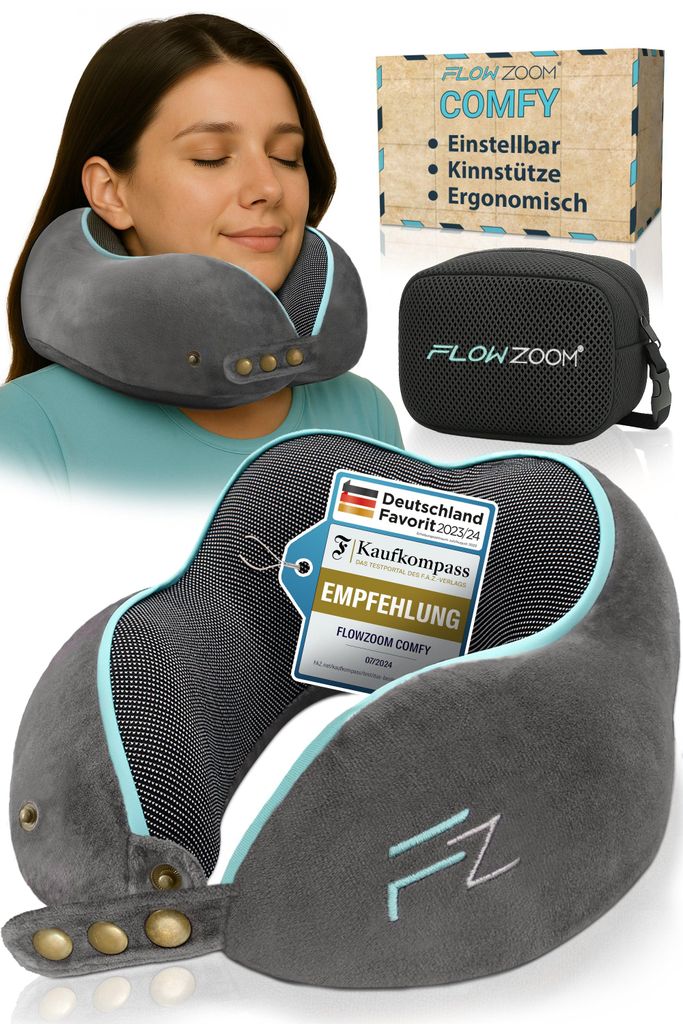 FLOWZOOM COMFY Memory Foam Reise-Nackenkissen 360°, Grau Produktbild 