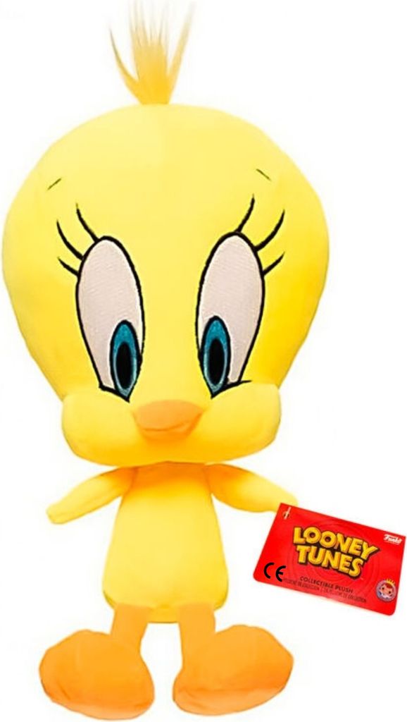A plush toy of the cartoon character Tweety Bird is shown against a white background.