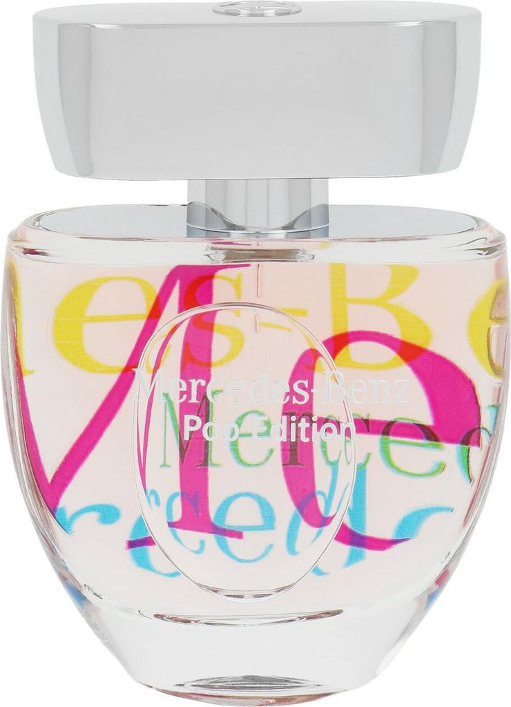 A perfume bottle with colorful lettering on it.