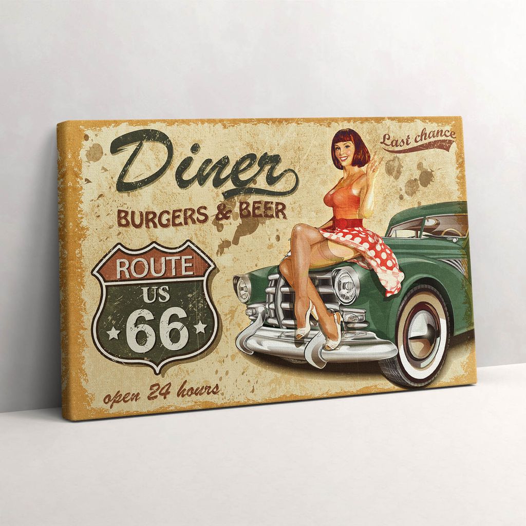 Vintage Route 66 Plakat – Leinwandbild Wandbild – 30x20 cm – Leinwandbilder – Wandbilder – Schlafzimmer – Flur