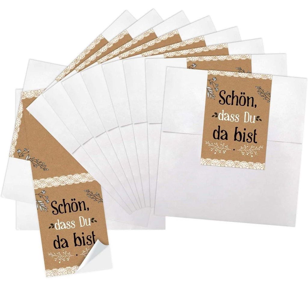 10 kleine weiße Papier-Tüten 10,5 x 15 cm Verpackung give-away+ 10 blau türkise Regenbogen-Fisch SCHÖN DASS DU DA BIST Aufkleber 5 x 15 cm Verp...