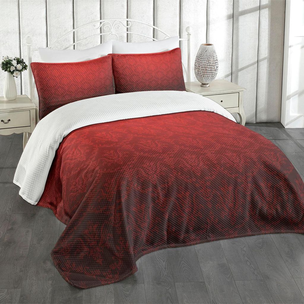 ABAKUHAUS Dunkelrot Tagesdecke Set, Antikes Blumenmuster mit barocken königlichen Renaissance-Einflüssen und Ombre-Effekt, 264 x 220 cm, Schwarz Rot