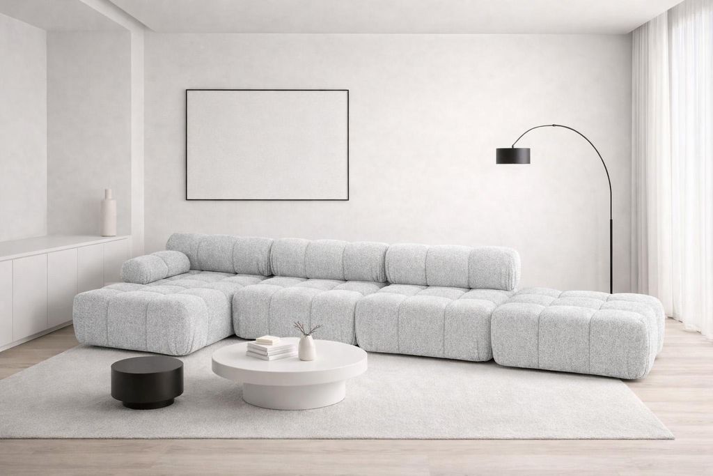 Kaiser Möbel Ecksofa L-Form XL, Stoff Bouclé Abriamo, Hellgrau, Links, Selia L XL