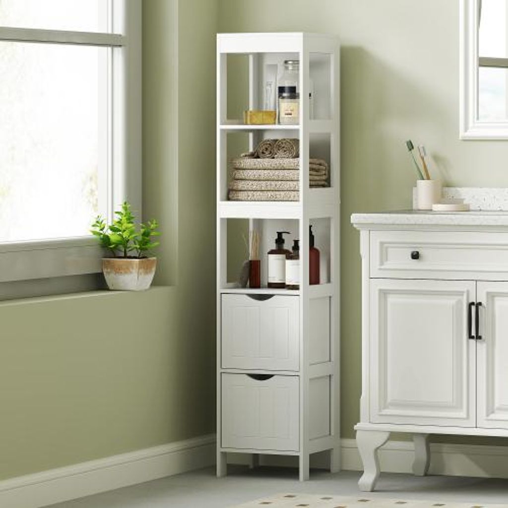 Badezimmerschrank 30x30x141,2 cm Schmal Hochschrank Toilettenschrank Mit 2 Schubladen 3 Offene Faecher Fuer Kleine Raeume Bad Wohnzimmer Weiss