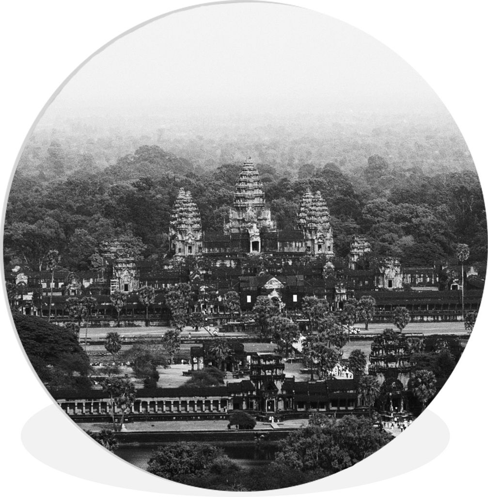MuchoWow Rundes Wandbild - Runde Bilder Angkor Wat von oben in schwarz-weiß Ø 60 cm Kreis Wanddekoration Kunststoff - Wandkreis - Wandschmuck -...