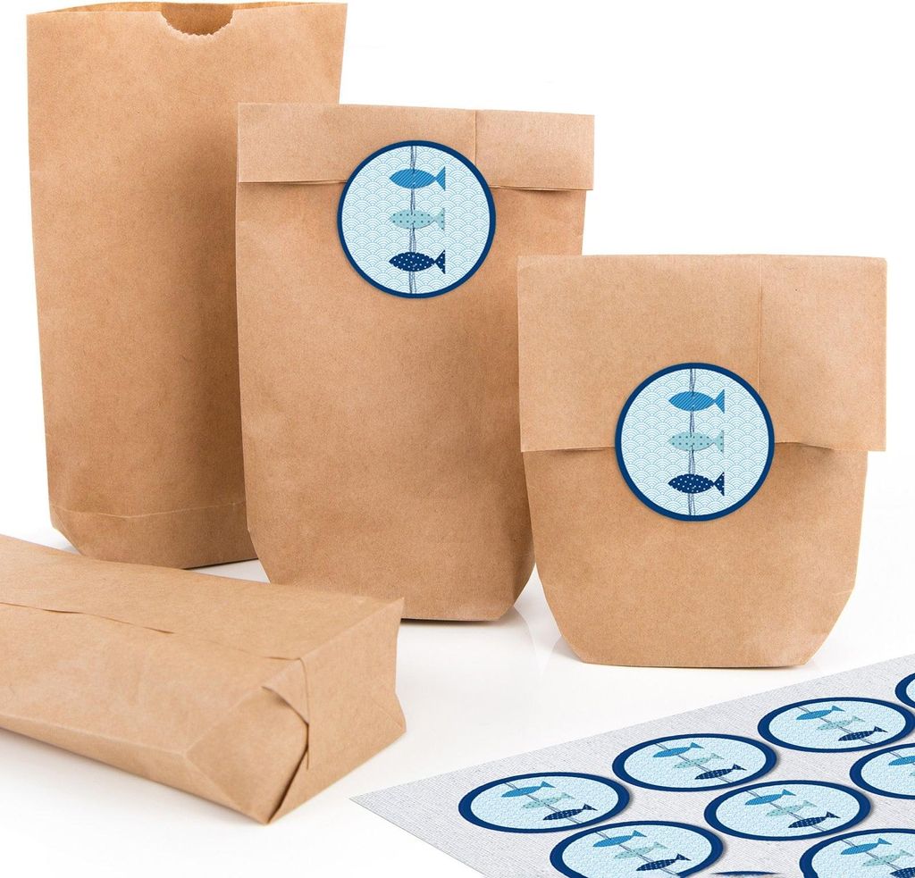 24 kleine braune Papiertüten natur Kraftpapier 9 x 15 x 3,5 cm + 24 runde SCHÖN DASS DU DA BIST pink BUNT türkis blau grün gelb weiß Verpackun...