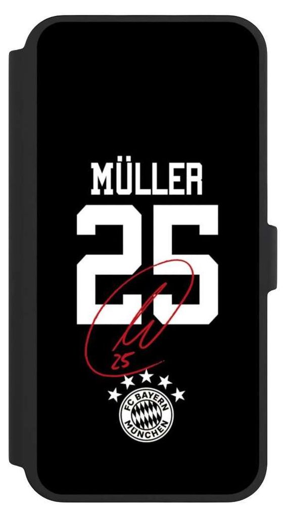 NIVOCASE Klapphülle für Apple iPhone 16 Pro Max Handyhülle aus Kunst Leder NIVOflip schwarz FC Bayern München FCB Thomas Müller